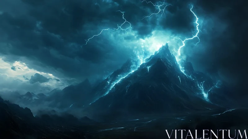 Stormlit jagged mountain under intense blue lightning.
