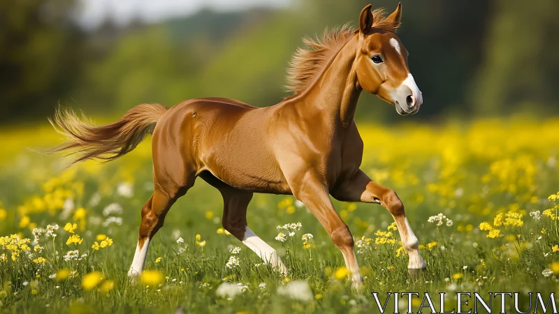 Chestnut foal trotting through yellow wildflower meadow.