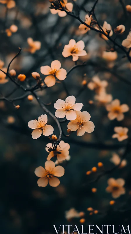 Delicate peach blossoms bloom against moody dark foliage