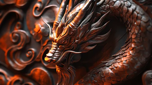 Cinematic macro render of ornate coiled oriental dragon relief