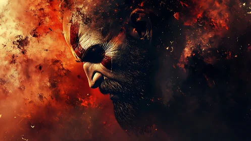 Flaming warrior profile in ember-saturated digital portrait