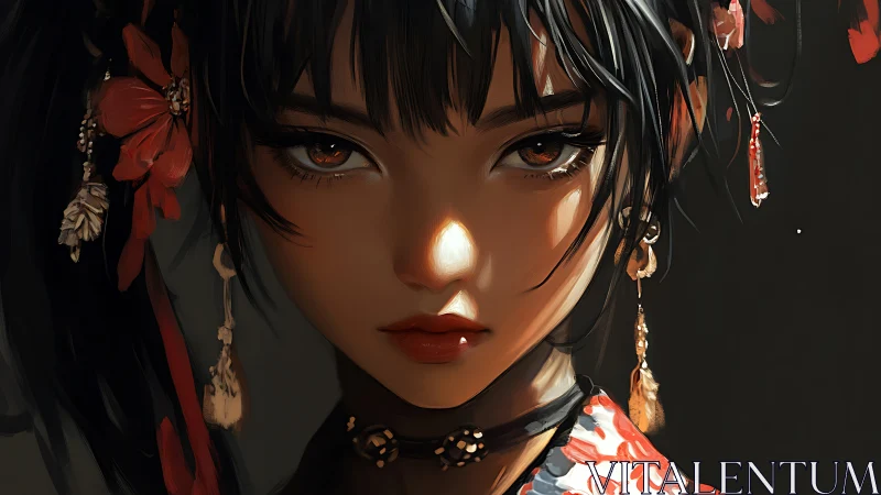 Intense digital portrait of woman with red floral details.