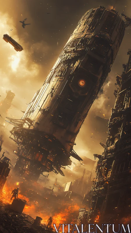 Towering starship descends gently into a burning cityscape