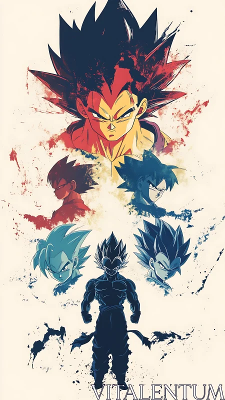Saiyan tempests collide in ink-splashed evolution portrait.
