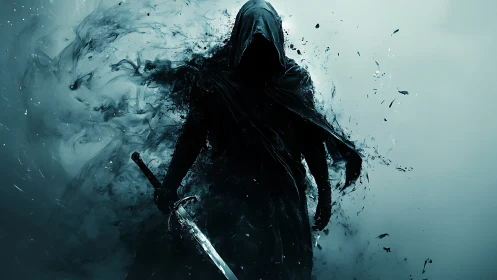 Shrouded sword wraith emerging from swirling black mist.