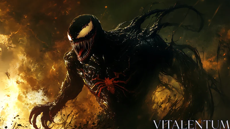 Ferocious black symbiote strides through blazing chaos