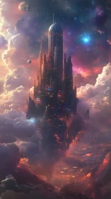 Vertical orbital megacity tower in nebular cloudscape at dusk