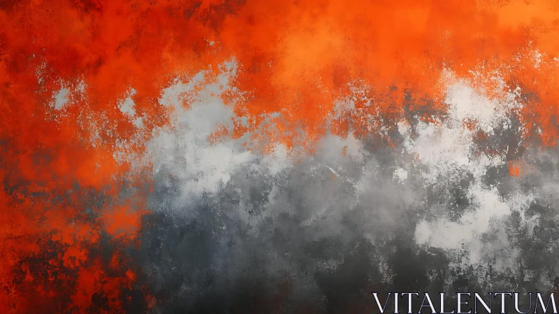 Bold abstract painting with fiery orange and smoky gray textures.