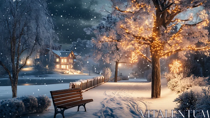Snowy park path with lit winter tree and distant house.