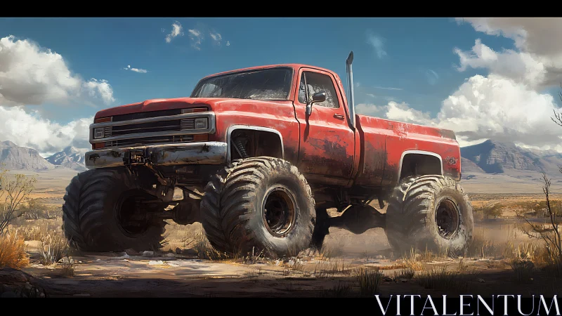 Weathered red monster truck dominates dusty desert trail
