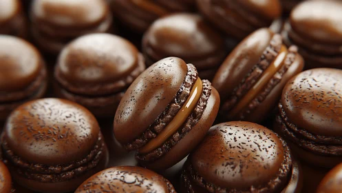 Velvet cocoa macarons gleam with ribbons of caramel glow.