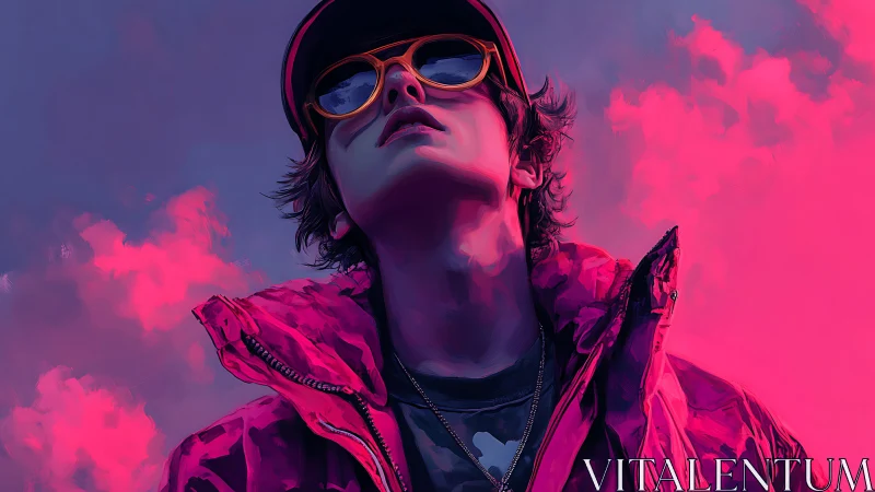 Young person in magenta jacket looks upward under neon sky