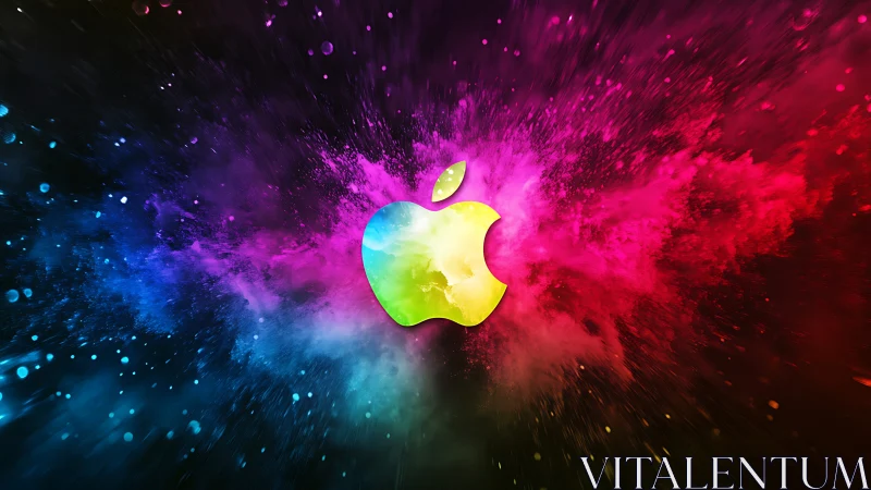 Bold apple silhouette glows amid exploding rainbow colors