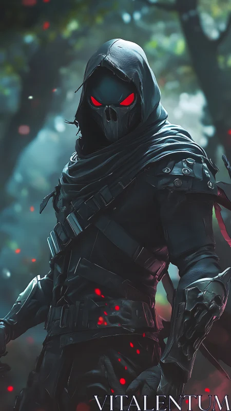 Shadow assassin in black armor with glowing crimson eyes.