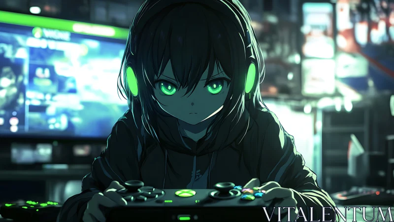 Midnight gamer locks in as neon circuitry hums around her