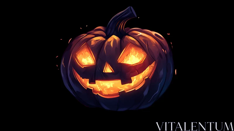 Glowing jack o lantern carved pumpkin on black background.
