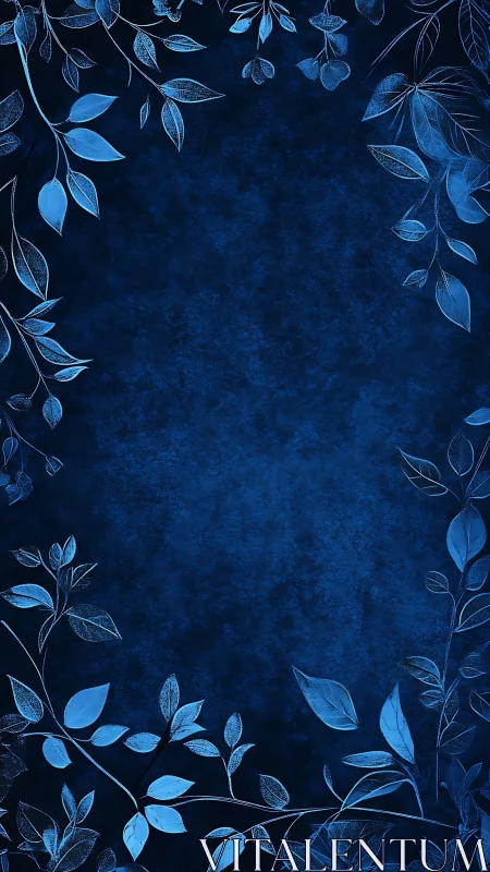 Deep blue background framed by stylized botanical leaves.