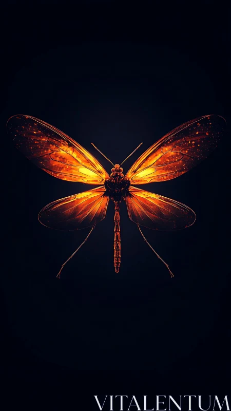 Luminous orange dragonfly glows against deep black void