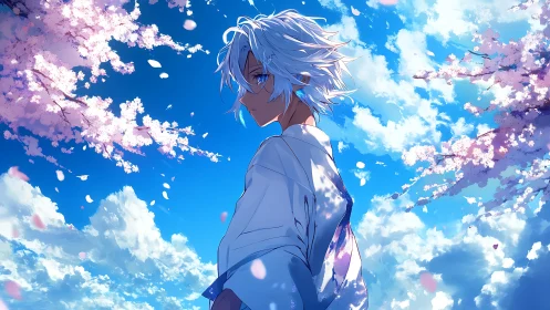 White haired anime youth stands under drifting cherry blossoms