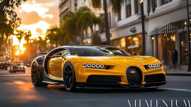 Low-angle sunset analysis of yellow hypercar with reflective bodywork