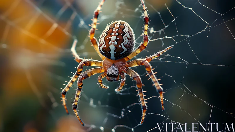 Orb-weaver spider grips dewy web in cool backlight.