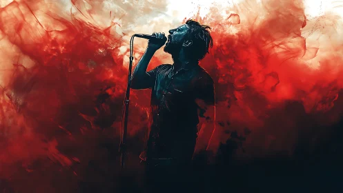 Silhouetted vocalist holds microphone amid red smoke field