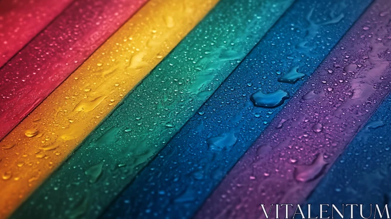 Raindrops parade across diagonal rainbow planks in closeup.