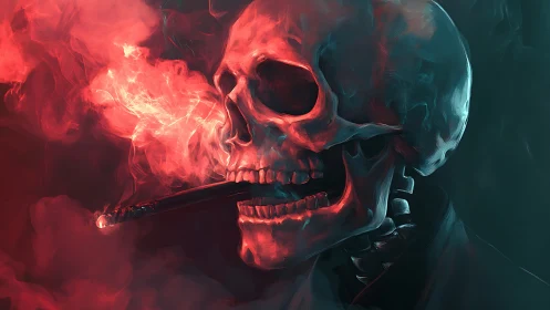 Translucent skull portrait with red volumetric smoke simulation