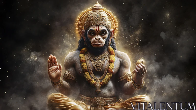 Radiant monkey deity in golden robes and gentle blessing pose.