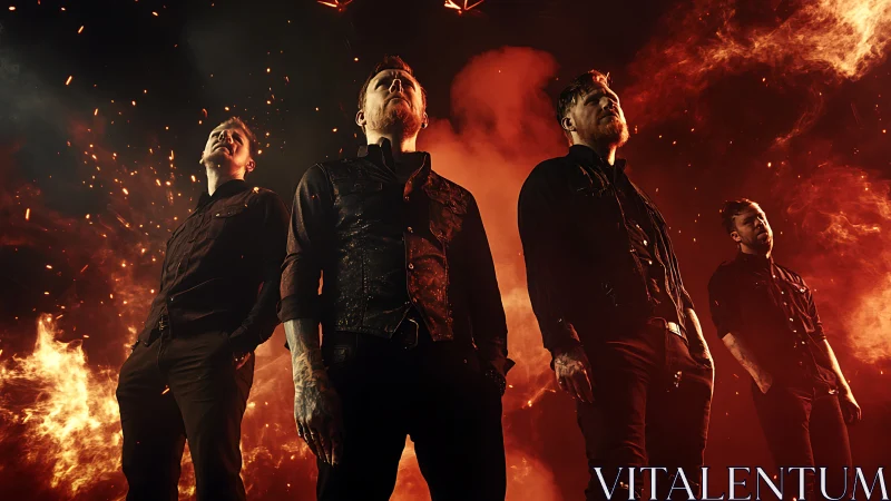 Rock band strides through molten light as embers crown them