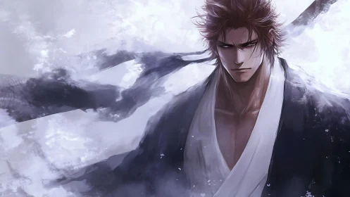 Stormborn swordsman sculpts silence from swirling winter mist