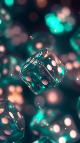 3D translucent dice in bokeh field, shallow depth rendering.