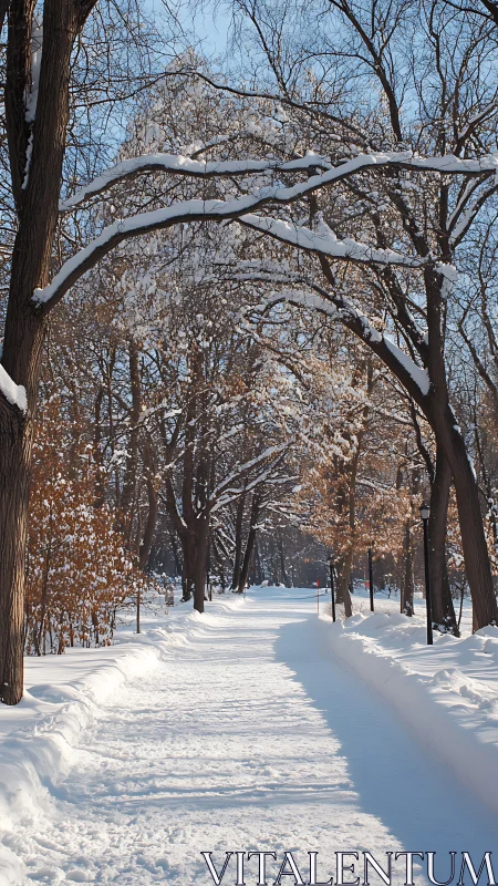 Snow-covered park pathway under arching deciduous tree canopy