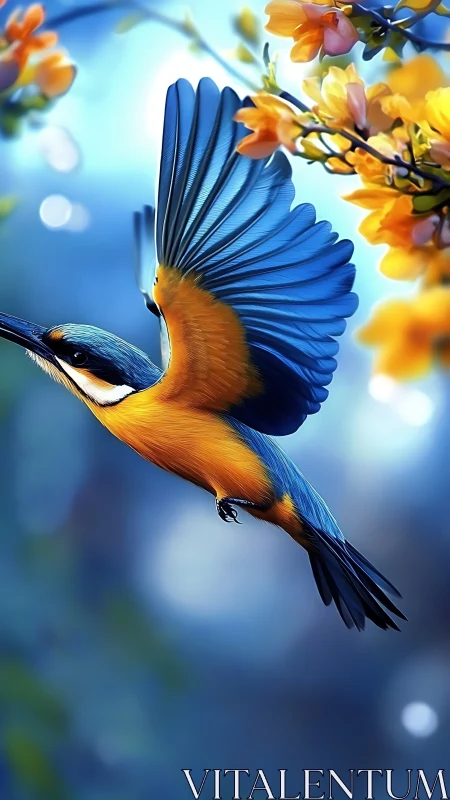 Electric Kingfisher: Where Azure Wings Meet Golden Petals.