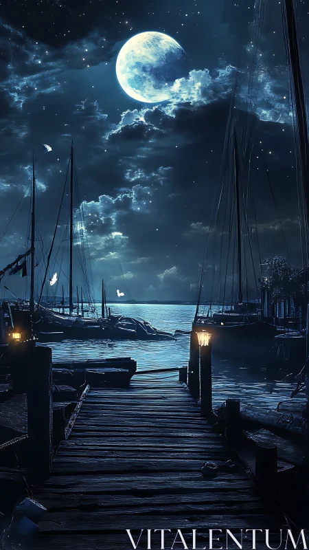 Moonlit wooden pier under dramatic night sky seascape.
