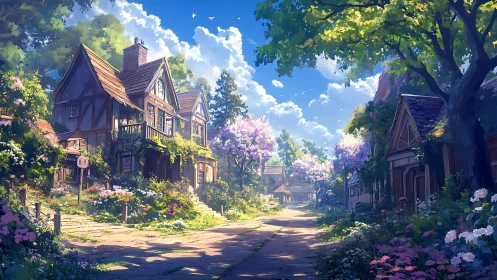 Sunlit cottage lane hums softly beneath drifting blossoms