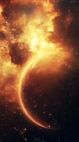 Crescent planet with dense orange nebula and starfield.