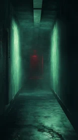 Moody green corridor leading toward distant red doorway.