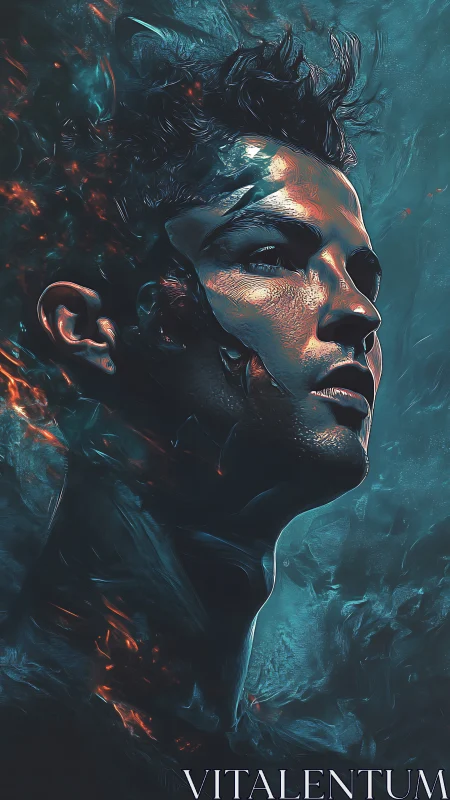 Luminous portrait of a man rising from swirling embers and mist.