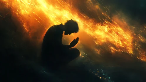 Silent figure kneels in prayer wrapped in pouring firelight
