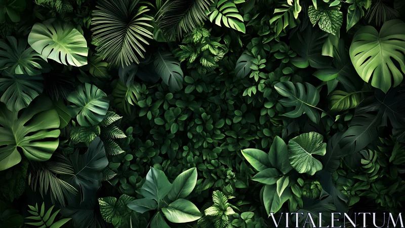 Top-down dense tropical foliage with layered leaf textures