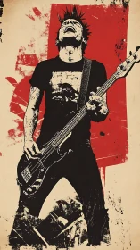 Punk rock bassist screams upward while playing electric bass