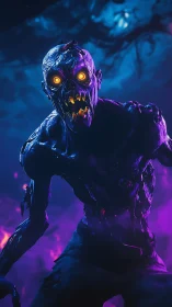 Glowing eyed demon lunges through neon lit haunted forest