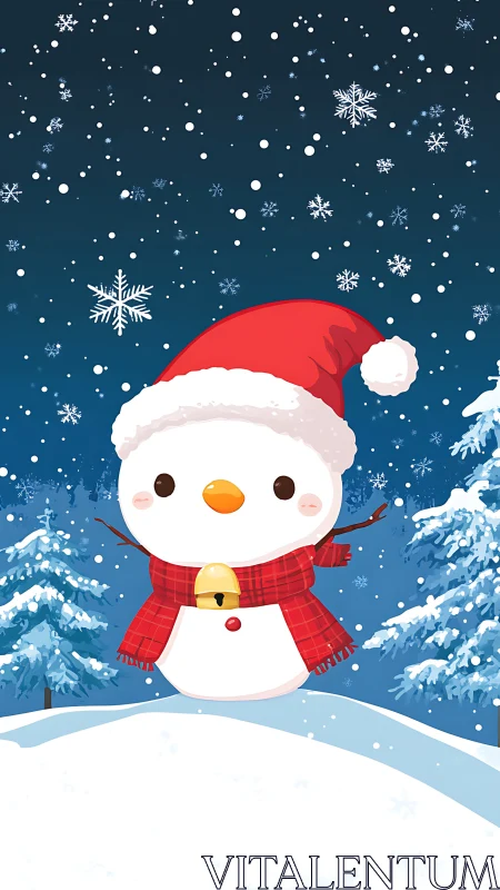 Vector snowman with Santa hat in stylized winter forest scene.