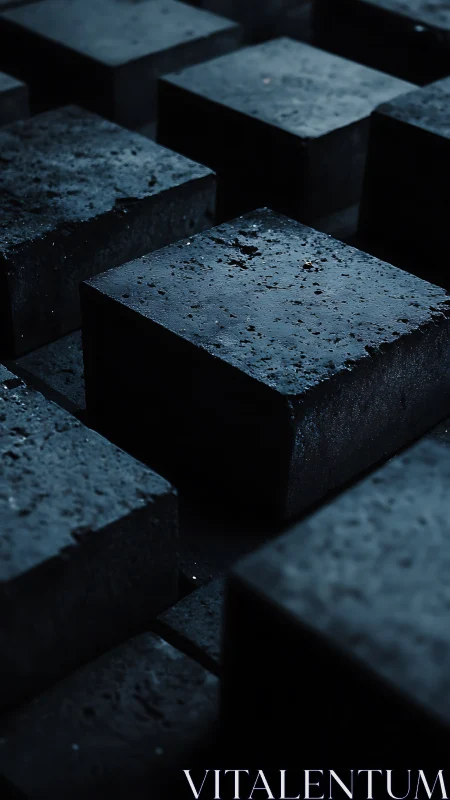 Dark concrete cubes form staggered geometric grid pattern