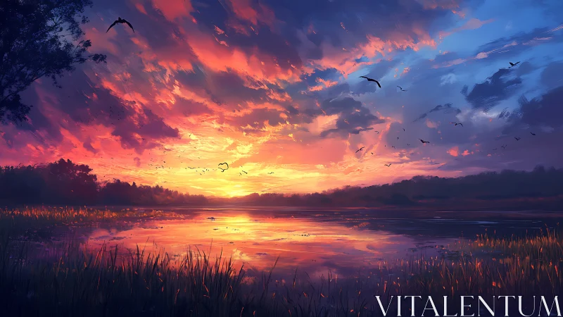 Chromatic sunset wetland with avian silhouettes and specular water surface.