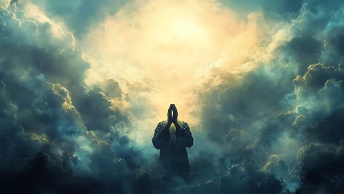 Silhouetted supplicant framed by volumetric clouds and radiance.