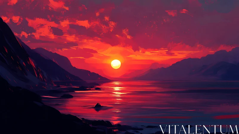 Crimson coast sunset pouring molten light across calm waters.