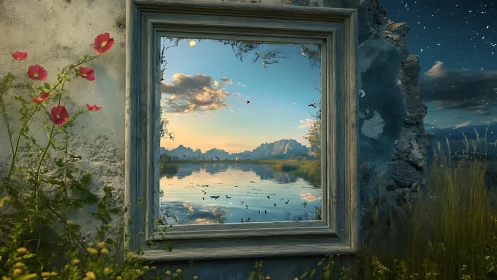 Weathered frame reveals serene mountain lake sunset scene.