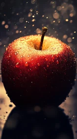 Single wet red apple stands under directional backlighting
